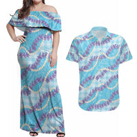 Blue Hawaii Palaka Honohono Pikake Couples Matching Off Shoulder Maxi Dress and Hawaiian Shirt Hawaiian Orchid Lei Polynesian Pattern - Polynesian Pride