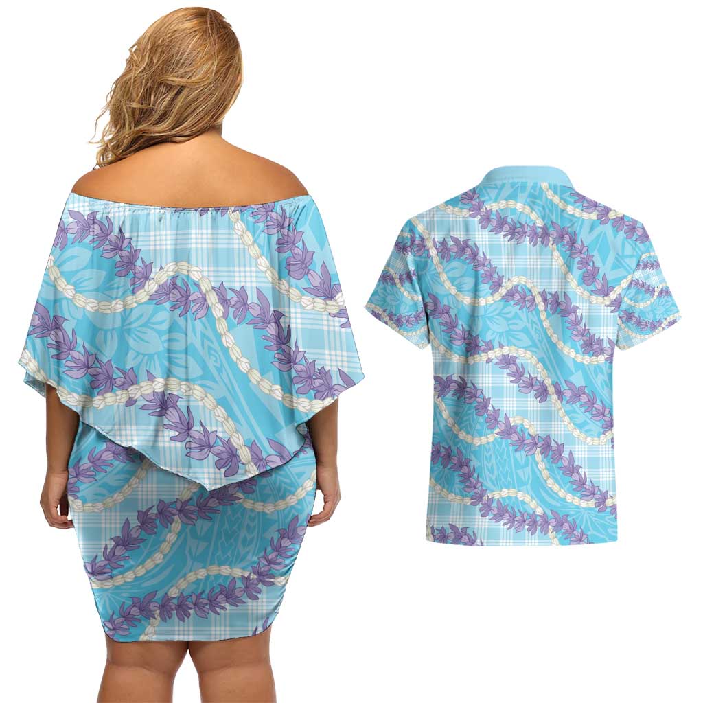 Blue Hawaii Palaka Honohono Pikake Couples Matching Off Shoulder Short Dress and Hawaiian Shirt Hawaiian Orchid Lei Polynesian Pattern - Polynesian Pride