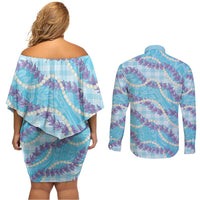 Blue Hawaii Palaka Honohono Pikake Couples Matching Off Shoulder Short Dress and Long Sleeve Button Shirt Hawaiian Orchid Lei Polynesian Pattern - Polynesian Pride