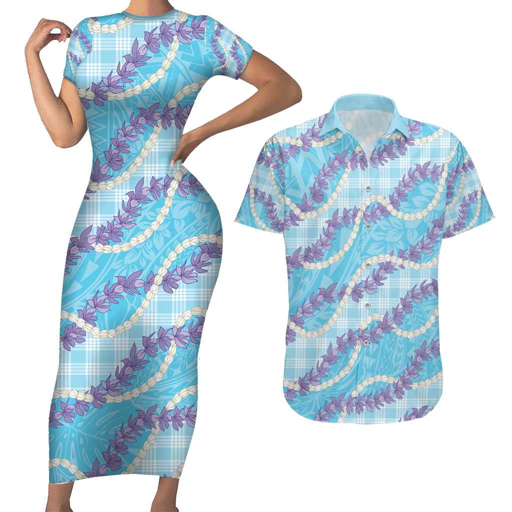 Blue Hawaii Palaka Honohono Pikake Couples Matching Short Sleeve Bodycon Dress and Hawaiian Shirt Hawaiian Orchid Lei Polynesian Pattern - Polynesian Pride