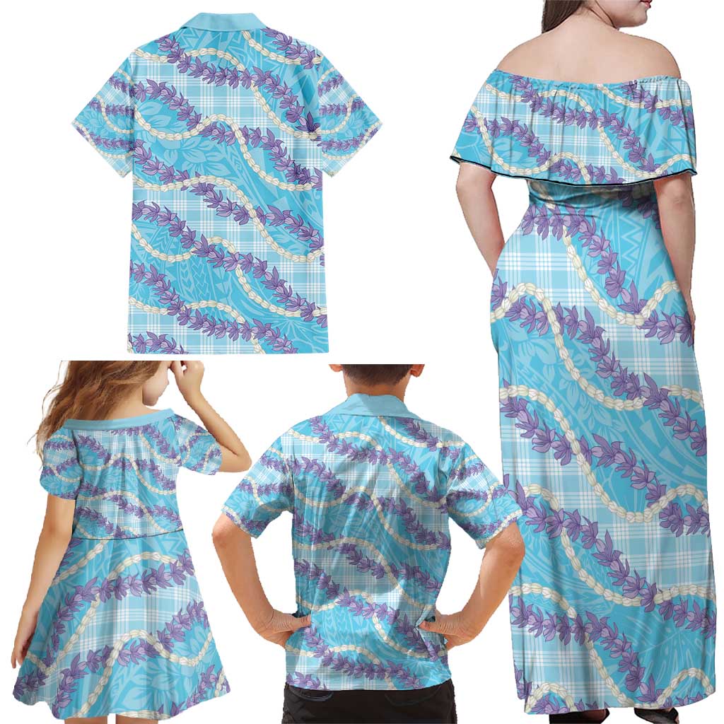Blue Hawaii Palaka Honohono Pikake Family Matching Off Shoulder Maxi Dress and Hawaiian Shirt Hawaiian Orchid Lei Polynesian Pattern - Polynesian Pride