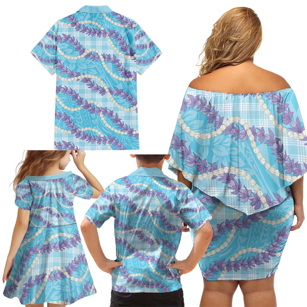 Blue Hawaii Palaka Honohono Pikake Family Matching Off Shoulder Short Dress and Hawaiian Shirt Hawaiian Orchid Lei Polynesian Pattern - Polynesian Pride