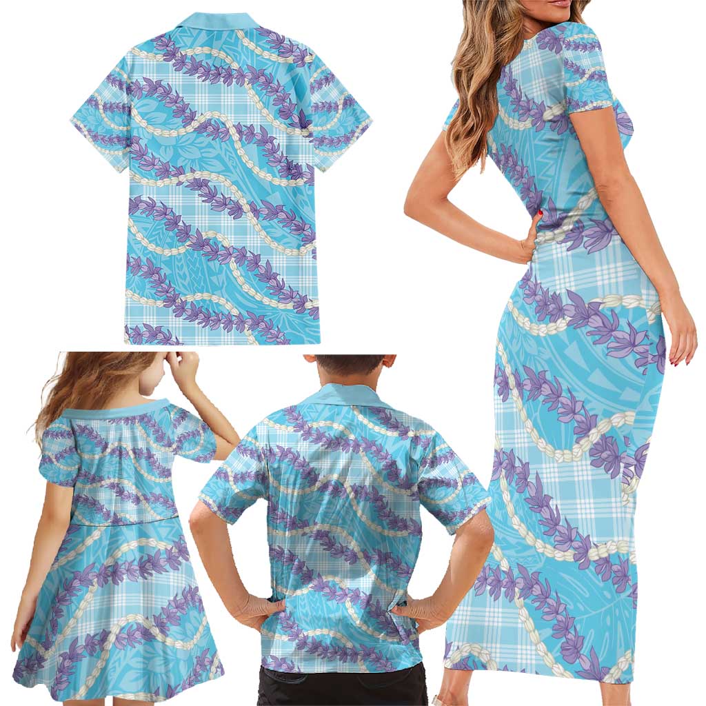 Blue Hawaii Palaka Honohono Pikake Family Matching Short Sleeve Bodycon Dress and Hawaiian Shirt Hawaiian Orchid Lei Polynesian Pattern - Polynesian Pride