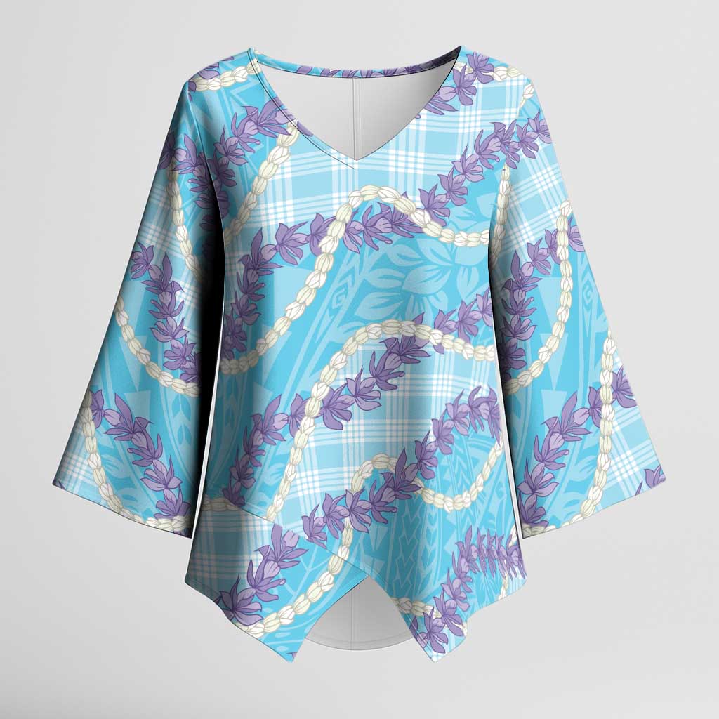 Blue Hawaii Palaka Honohono Pikake Kimono Sleeve Blouse Hawaiian Orchid Lei Polynesian Pattern - Polynesian Pride