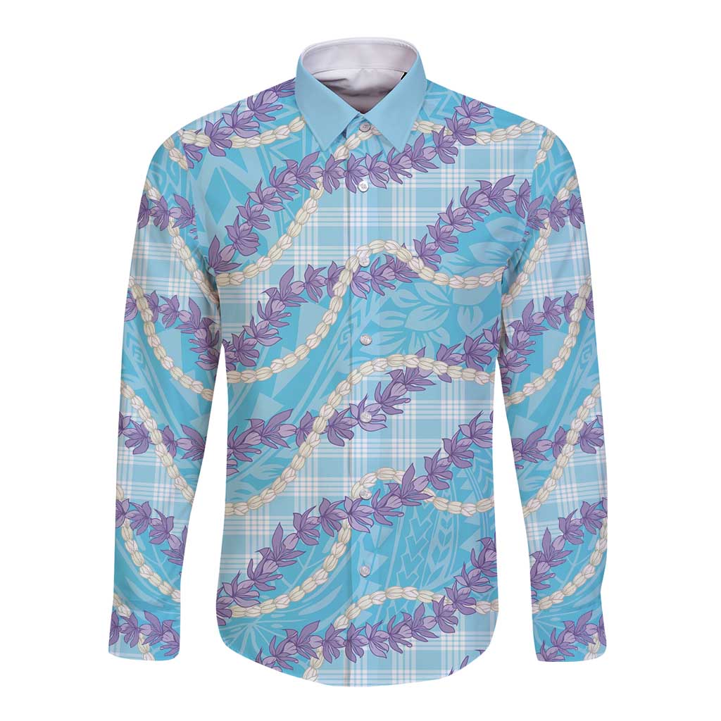 Blue Hawaii Palaka Honohono Pikake Long Sleeve Button Shirt Hawaiian Orchid Lei Polynesian Pattern - Polynesian Pride