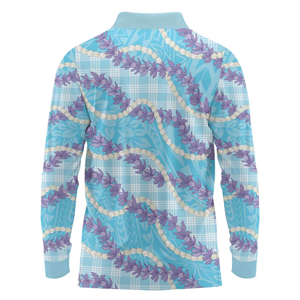 Blue Hawaii Palaka Honohono Pikake Long Sleeve Polo Shirt Hawaiian Orchid Lei Polynesian Pattern - Polynesian Pride