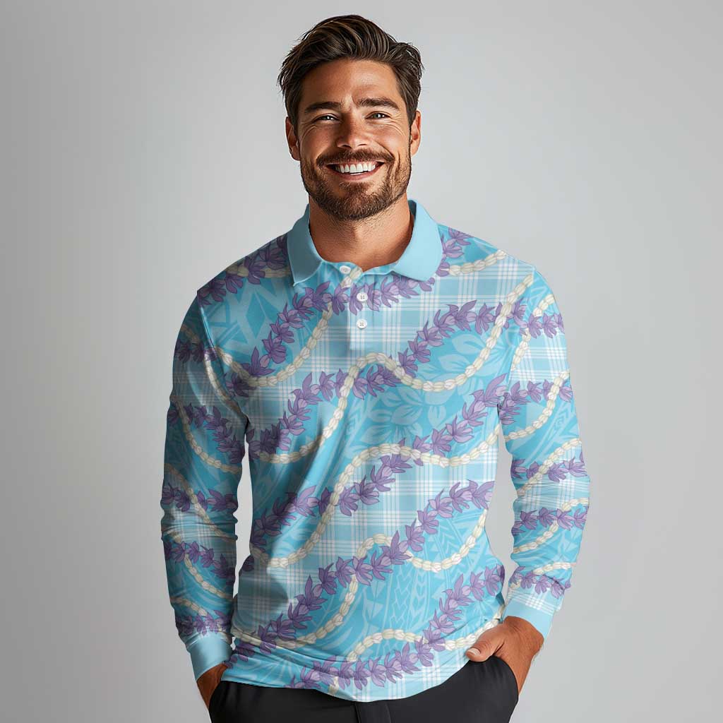 Blue Hawaii Palaka Honohono Pikake Long Sleeve Polo Shirt Hawaiian Orchid Lei Polynesian Pattern - Polynesian Pride