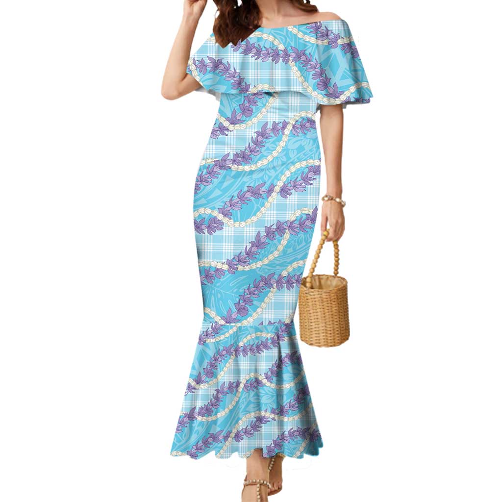Blue Hawaii Palaka Honohono Pikake Mermaid Dress Hawaiian Orchid Lei Polynesian Pattern - Polynesian Pride