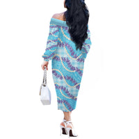 Blue Hawaii Palaka Honohono Pikake Off The Shoulder Long Sleeve Dress Hawaiian Orchid Lei Polynesian Pattern - Polynesian Pride