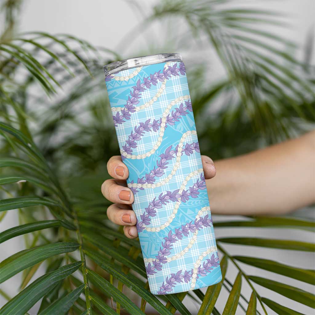 Blue Hawaii Palaka Honohono Pikake Skinny Tumbler Hawaiian Orchid Lei Polynesian Pattern - Polynesian Pride