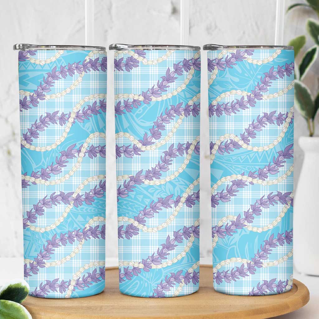 Blue Hawaii Palaka Honohono Pikake Skinny Tumbler Hawaiian Orchid Lei Polynesian Pattern - Polynesian Pride