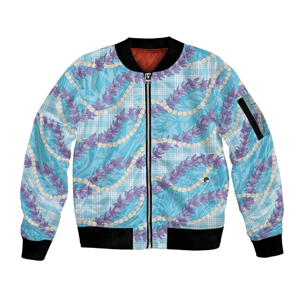 Blue Hawaii Palaka Honohono Pikake Sleeve Zip Bomber Jacket Hawaiian Orchid Lei Polynesian Pattern - Polynesian Pride