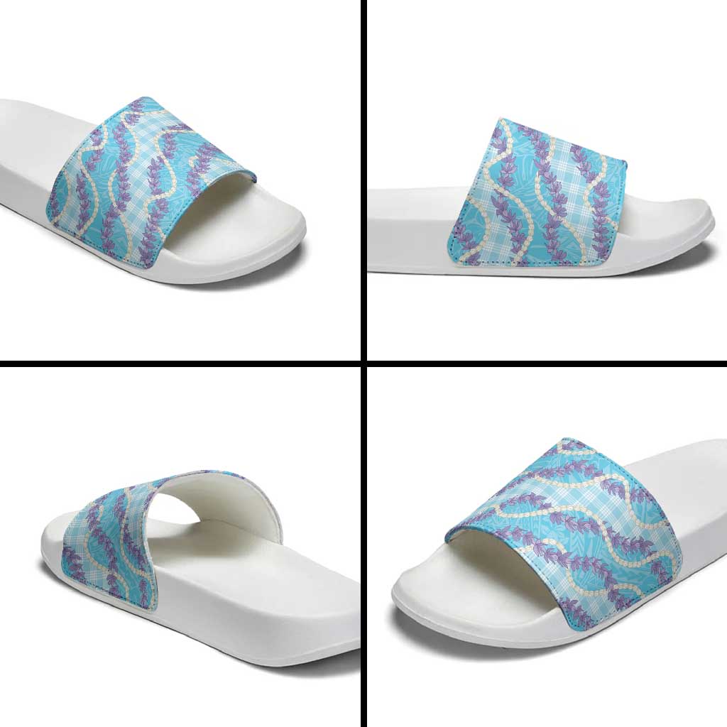 Blue Hawaii Palaka Honohono Pikake Slide Sandals Hawaiian Orchid Lei Polynesian Pattern - Polynesian Pride