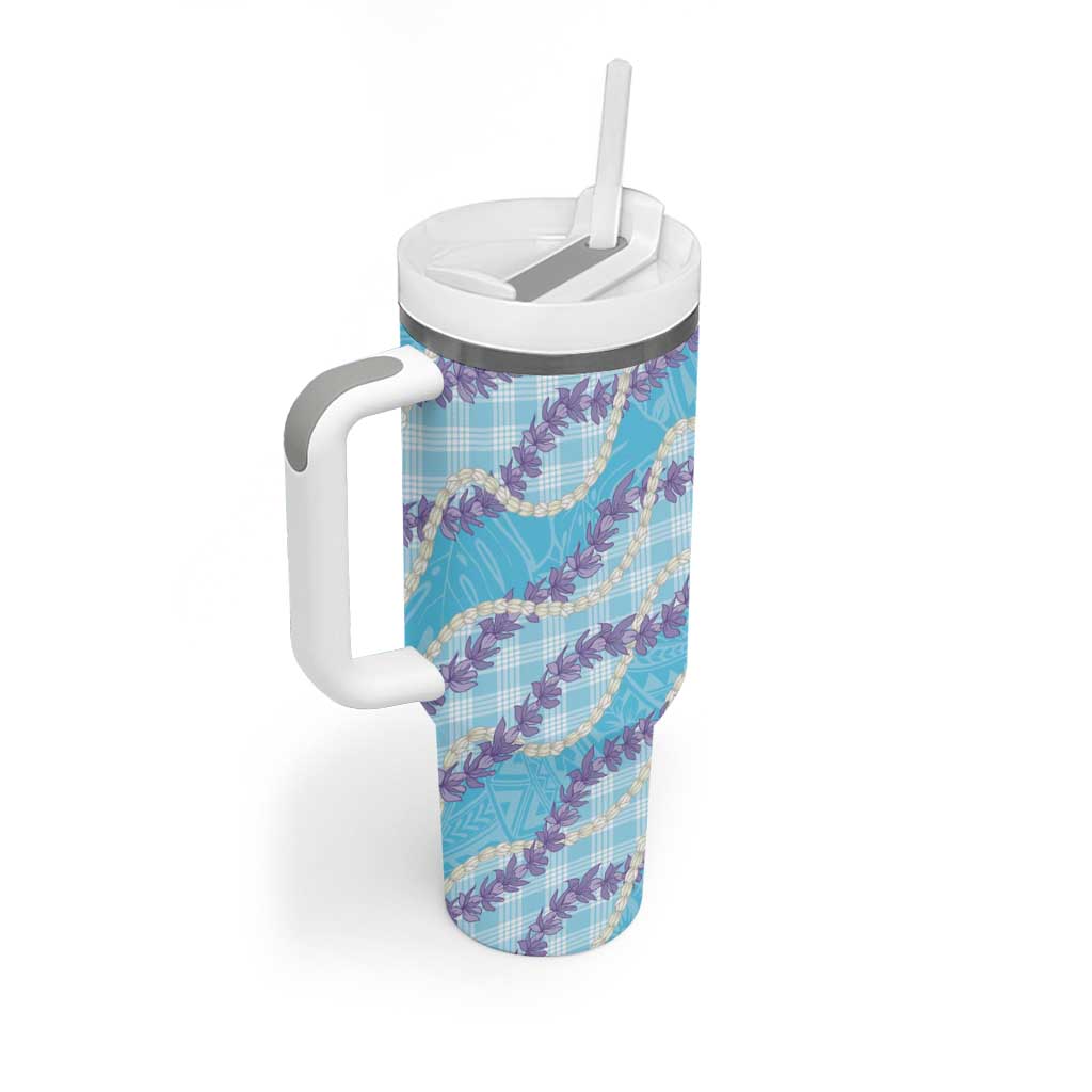 Blue Hawaii Palaka Honohono Pikake Tumbler With Handle Hawaiian Orchid Lei Polynesian Pattern - Polynesian Pride