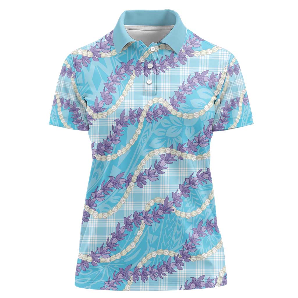 Blue Hawaii Palaka Honohono Pikake Women Polo Shirt Hawaiian Orchid Lei Polynesian Pattern - Polynesian Pride
