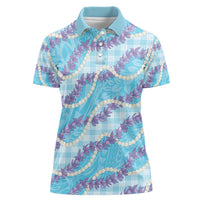 Blue Hawaii Palaka Honohono Pikake Women Polo Shirt Hawaiian Orchid Lei Polynesian Pattern - Polynesian Pride