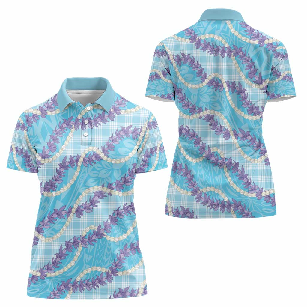 Blue Hawaii Palaka Honohono Pikake Women Polo Shirt Hawaiian Orchid Lei Polynesian Pattern - Polynesian Pride