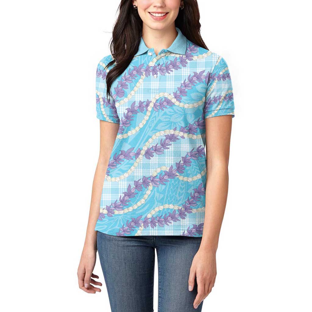 Blue Hawaii Palaka Honohono Pikake Women Polo Shirt Hawaiian Orchid Lei Polynesian Pattern - Polynesian Pride