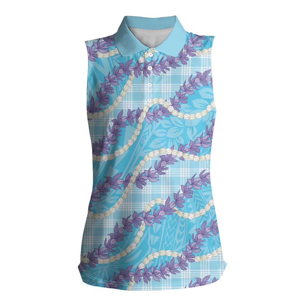 Blue Hawaii Palaka Honohono Pikake Women Sleeveless Polo Shirt Hawaiian Orchid Lei Polynesian Pattern - Polynesian Pride
