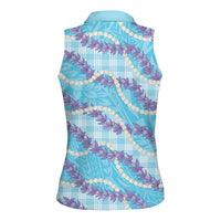 Blue Hawaii Palaka Honohono Pikake Women Sleeveless Polo Shirt Hawaiian Orchid Lei Polynesian Pattern - Polynesian Pride
