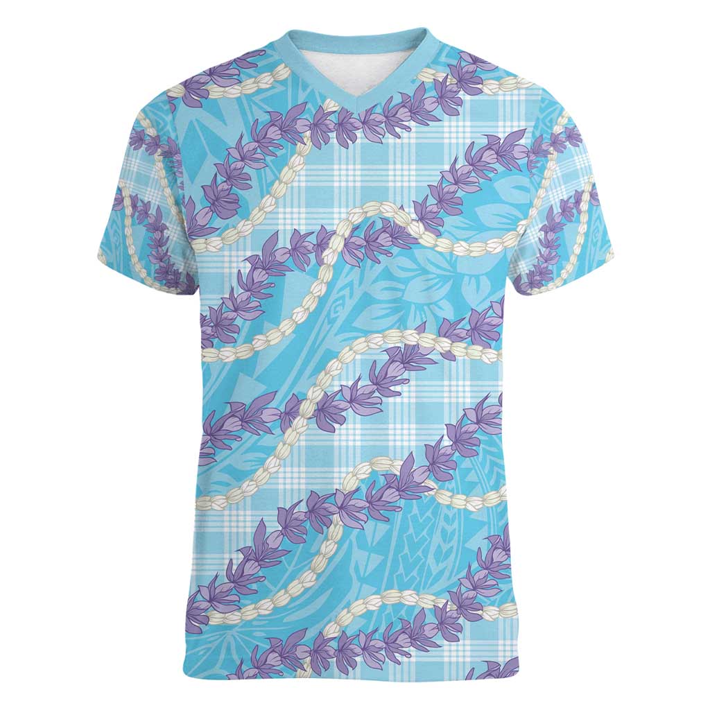 Blue Hawaii Palaka Honohono Pikake Women V-Neck T-Shirt Hawaiian Orchid Lei Polynesian Pattern - Polynesian Pride
