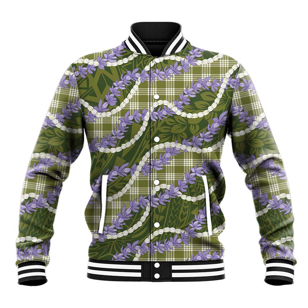 Green Hawaii Palaka Honohono Pikake Baseball Jacket Hawaiian Orchid Lei Polynesian Pattern - Polynesian Pride