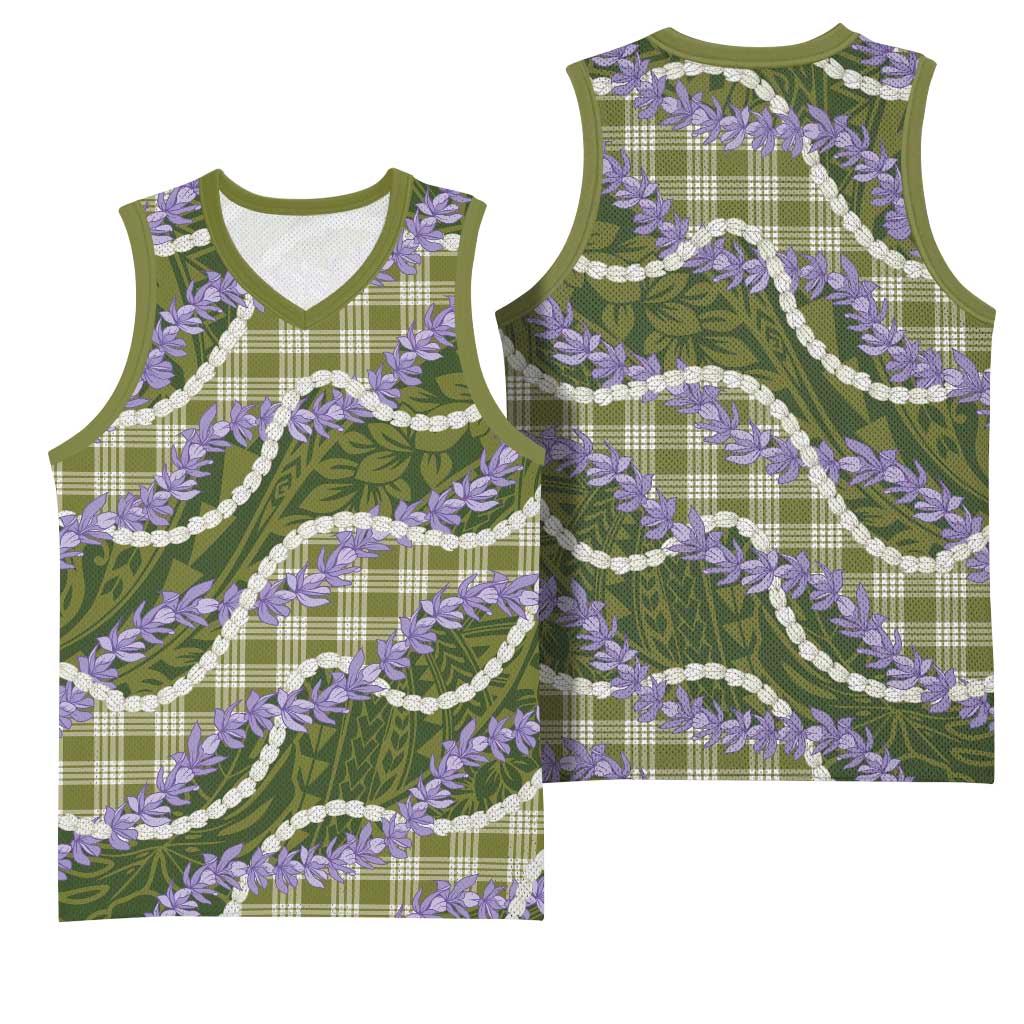 Green Hawaii Palaka Honohono Pikake Basketball Jersey Hawaiian Orchid Lei Polynesian Pattern - Polynesian Pride