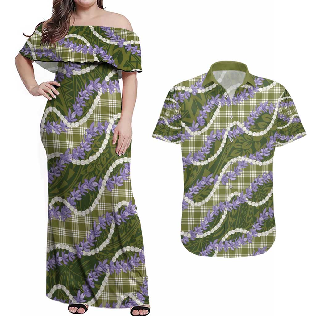 Green Hawaii Palaka Honohono Pikake Couples Matching Off Shoulder Maxi Dress and Hawaiian Shirt Hawaiian Orchid Lei Polynesian Pattern - Polynesian Pride