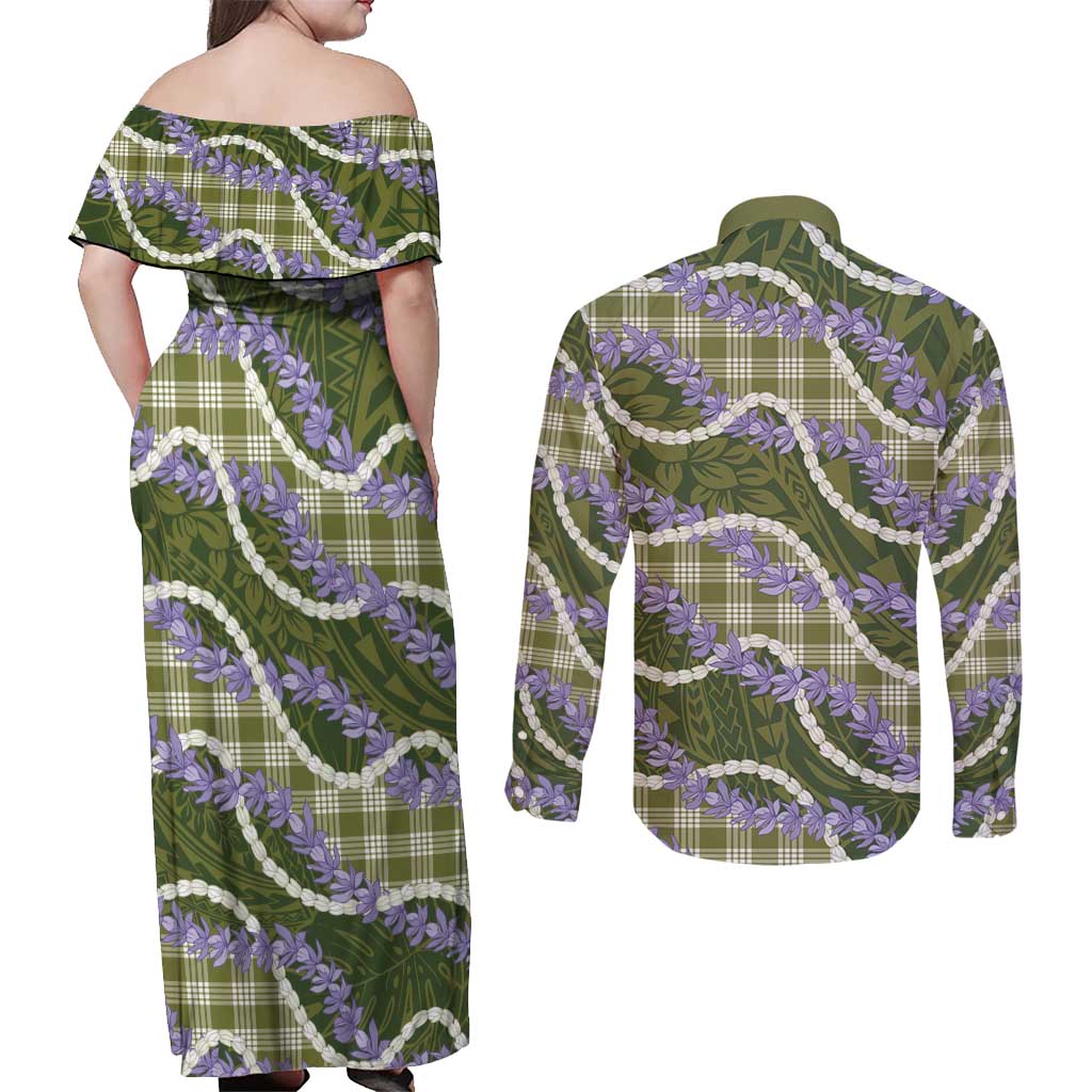Green Hawaii Palaka Honohono Pikake Couples Matching Off Shoulder Maxi Dress and Long Sleeve Button Shirt Hawaiian Orchid Lei Polynesian Pattern - Polynesian Pride