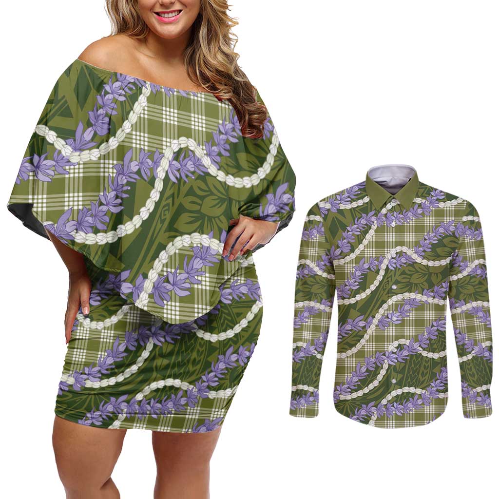Green Hawaii Palaka Honohono Pikake Couples Matching Off Shoulder Short Dress and Long Sleeve Button Shirt Hawaiian Orchid Lei Polynesian Pattern - Polynesian Pride