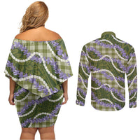 Green Hawaii Palaka Honohono Pikake Couples Matching Off Shoulder Short Dress and Long Sleeve Button Shirt Hawaiian Orchid Lei Polynesian Pattern - Polynesian Pride