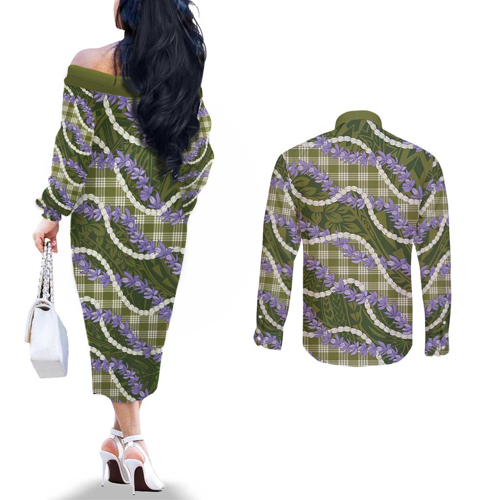 Green Hawaii Palaka Honohono Pikake Couples Matching Off The Shoulder Long Sleeve Dress and Long Sleeve Button Shirt Hawaiian Orchid Lei Polynesian Pattern - Polynesian Pride