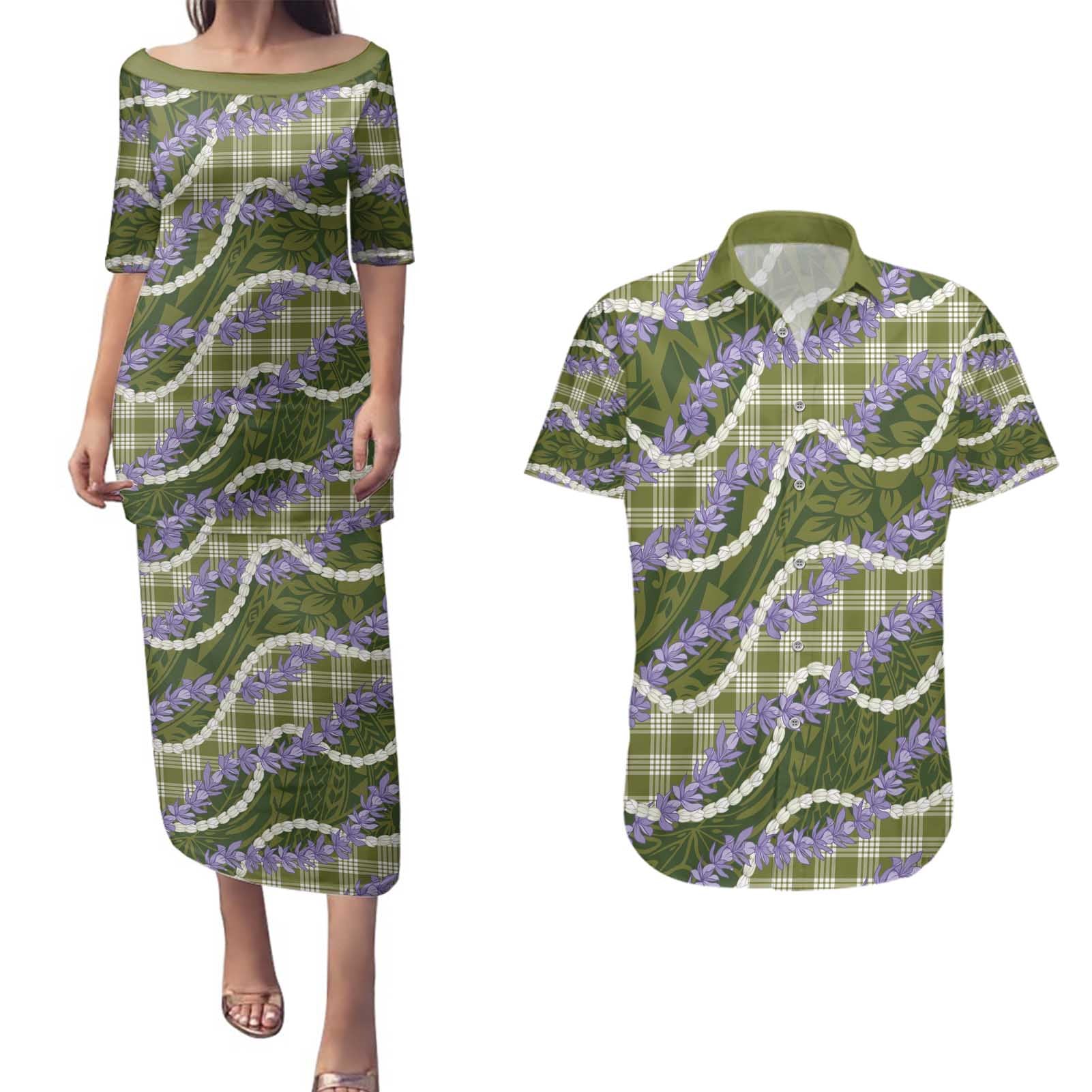 Green Hawaii Palaka Honohono Pikake Couples Matching Puletasi and Hawaiian Shirt Hawaiian Orchid Lei Polynesian Pattern - Polynesian Pride