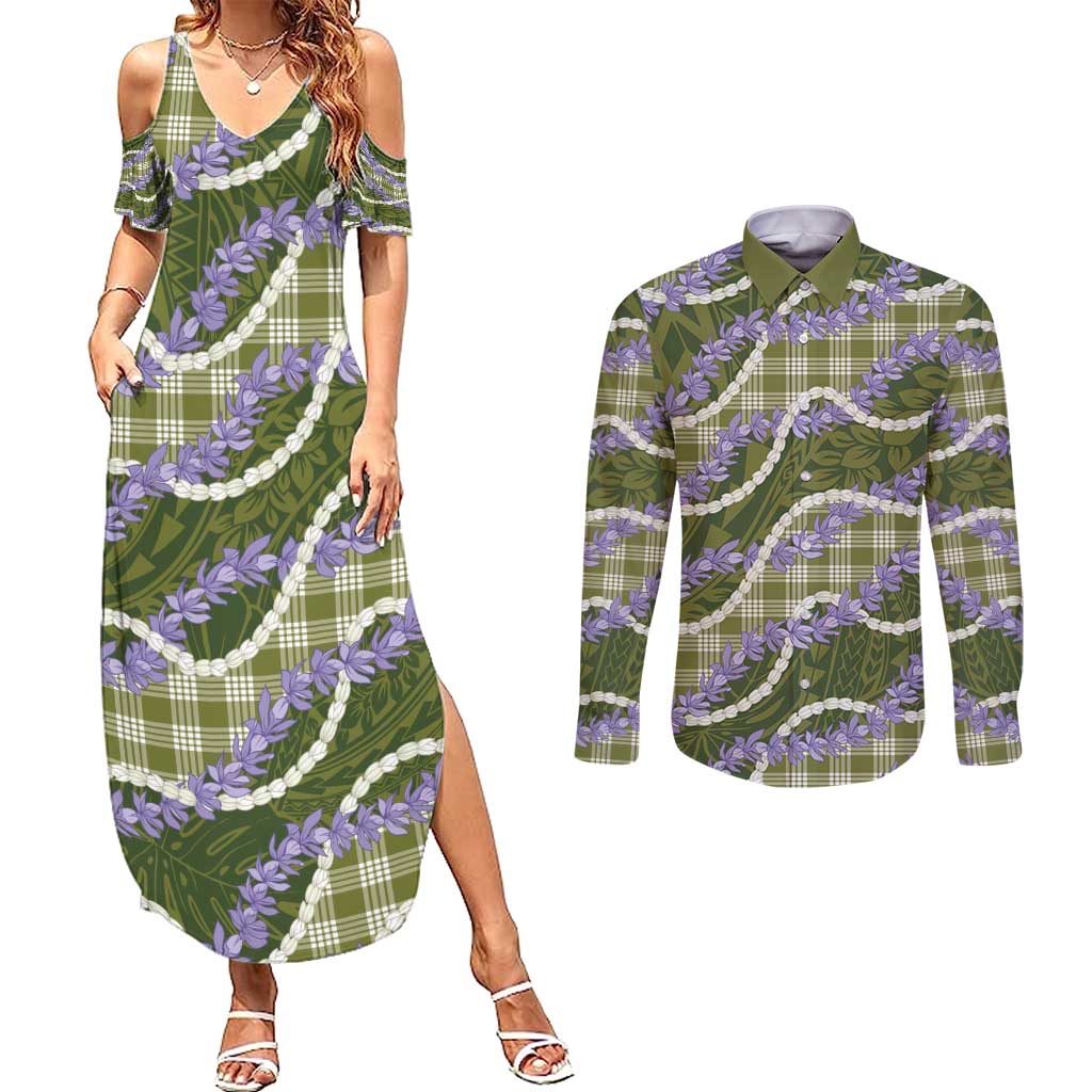 Green Hawaii Palaka Honohono Pikake Couples Matching Summer Maxi Dress and Long Sleeve Button Shirt Hawaiian Orchid Lei Polynesian Pattern - Polynesian Pride