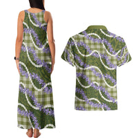 Green Hawaii Palaka Honohono Pikake Couples Matching Tank Maxi Dress and Hawaiian Shirt Hawaiian Orchid Lei Polynesian Pattern - Polynesian Pride