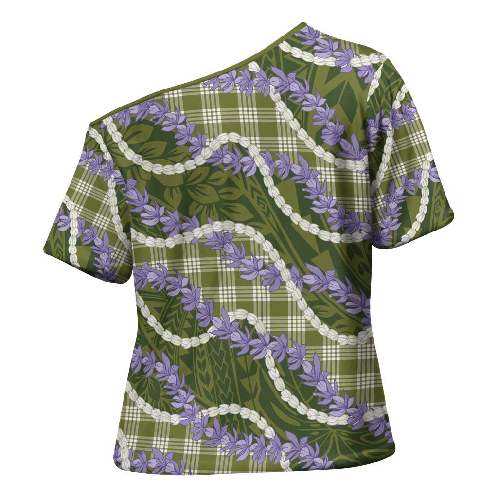 Green Hawaii Palaka Honohono Pikake Cross Shoulder Shirt Hawaiian Orchid Lei Polynesian Pattern - Polynesian Pride