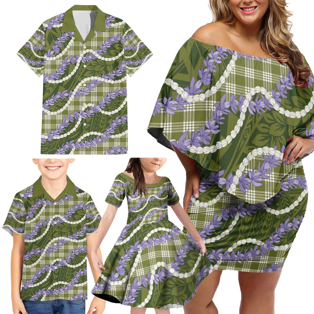 Green Hawaii Palaka Honohono Pikake Family Matching Off Shoulder Short Dress and Hawaiian Shirt Hawaiian Orchid Lei Polynesian Pattern - Polynesian Pride