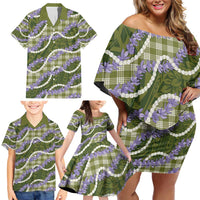 Green Hawaii Palaka Honohono Pikake Family Matching Off Shoulder Short Dress and Hawaiian Shirt Hawaiian Orchid Lei Polynesian Pattern - Polynesian Pride