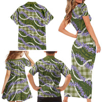 Green Hawaii Palaka Honohono Pikake Family Matching Short Sleeve Bodycon Dress and Hawaiian Shirt Hawaiian Orchid Lei Polynesian Pattern - Polynesian Pride