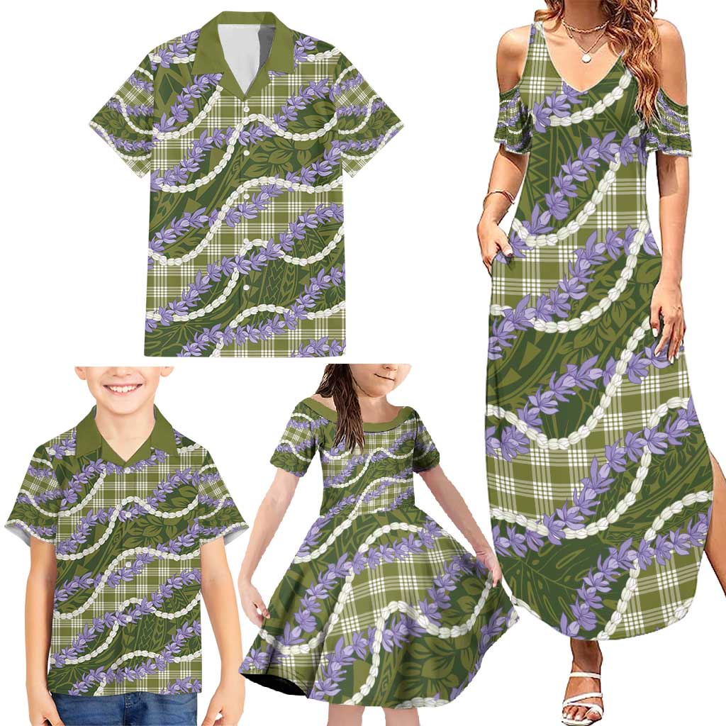 Green Hawaii Palaka Honohono Pikake Family Matching Summer Maxi Dress and Hawaiian Shirt Hawaiian Orchid Lei Polynesian Pattern - Polynesian Pride