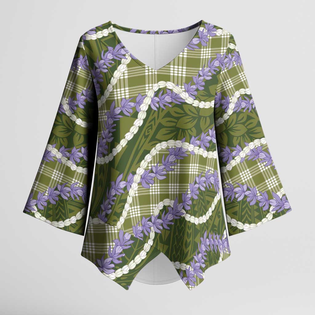 Green Hawaii Palaka Honohono Pikake Kimono Sleeve Blouse Hawaiian Orchid Lei Polynesian Pattern - Polynesian Pride