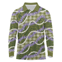 Green Hawaii Palaka Honohono Pikake Long Sleeve Polo Shirt Hawaiian Orchid Lei Polynesian Pattern - Polynesian Pride