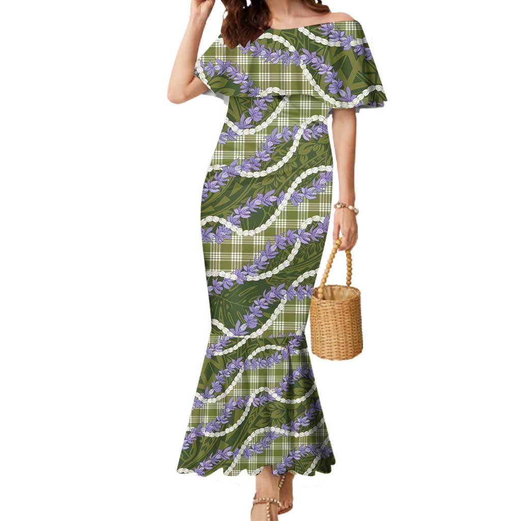Green Hawaii Palaka Honohono Pikake Mermaid Dress Hawaiian Orchid Lei Polynesian Pattern - Polynesian Pride