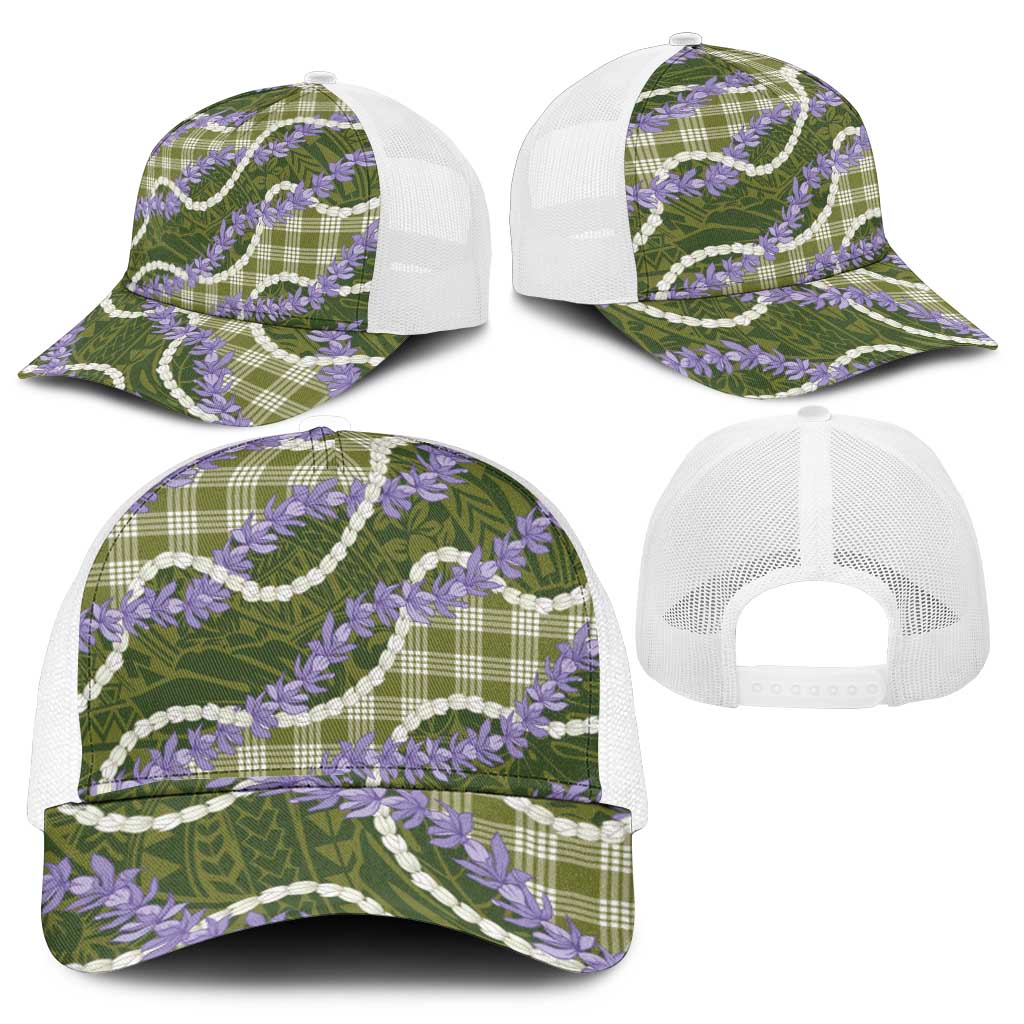 Green Hawaii Palaka Honohono Pikake Mesh Trucker Cap Hawaiian Orchid Lei Polynesian Pattern - Polynesian Pride