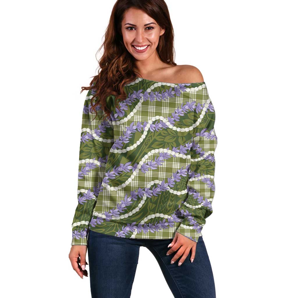 Green Hawaii Palaka Honohono Pikake Off Shoulder Sweater Hawaiian Orchid Lei Polynesian Pattern - Polynesian Pride