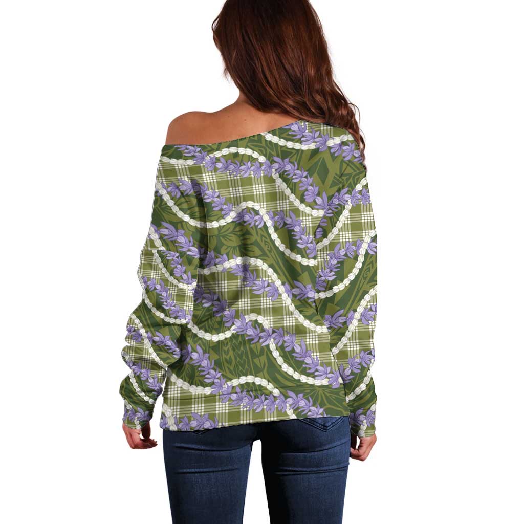 Green Hawaii Palaka Honohono Pikake Off Shoulder Sweater Hawaiian Orchid Lei Polynesian Pattern - Polynesian Pride