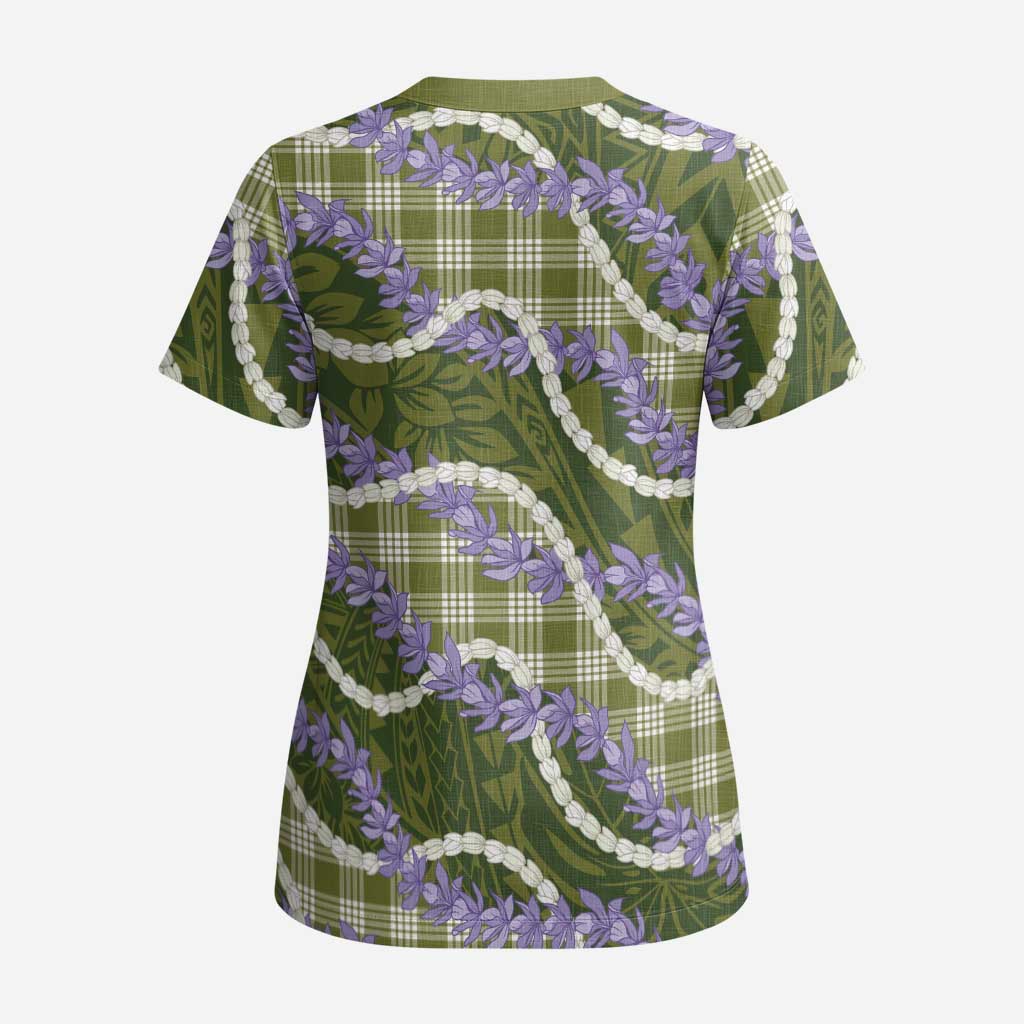 Green Hawaii Palaka Honohono Pikake Scrub Top Hawaiian Orchid Lei Polynesian Pattern - Polynesian Pride