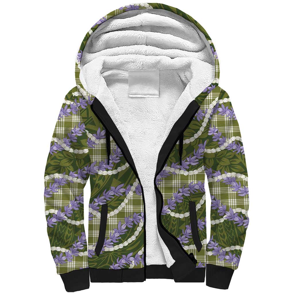Green Hawaii Palaka Honohono Pikake Sherpa Hoodie Hawaiian Orchid Lei Polynesian Pattern - Polynesian Pride