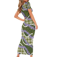 Green Hawaii Palaka Honohono Pikake Short Sleeve Bodycon Dress Hawaiian Orchid Lei Polynesian Pattern - Polynesian Pride
