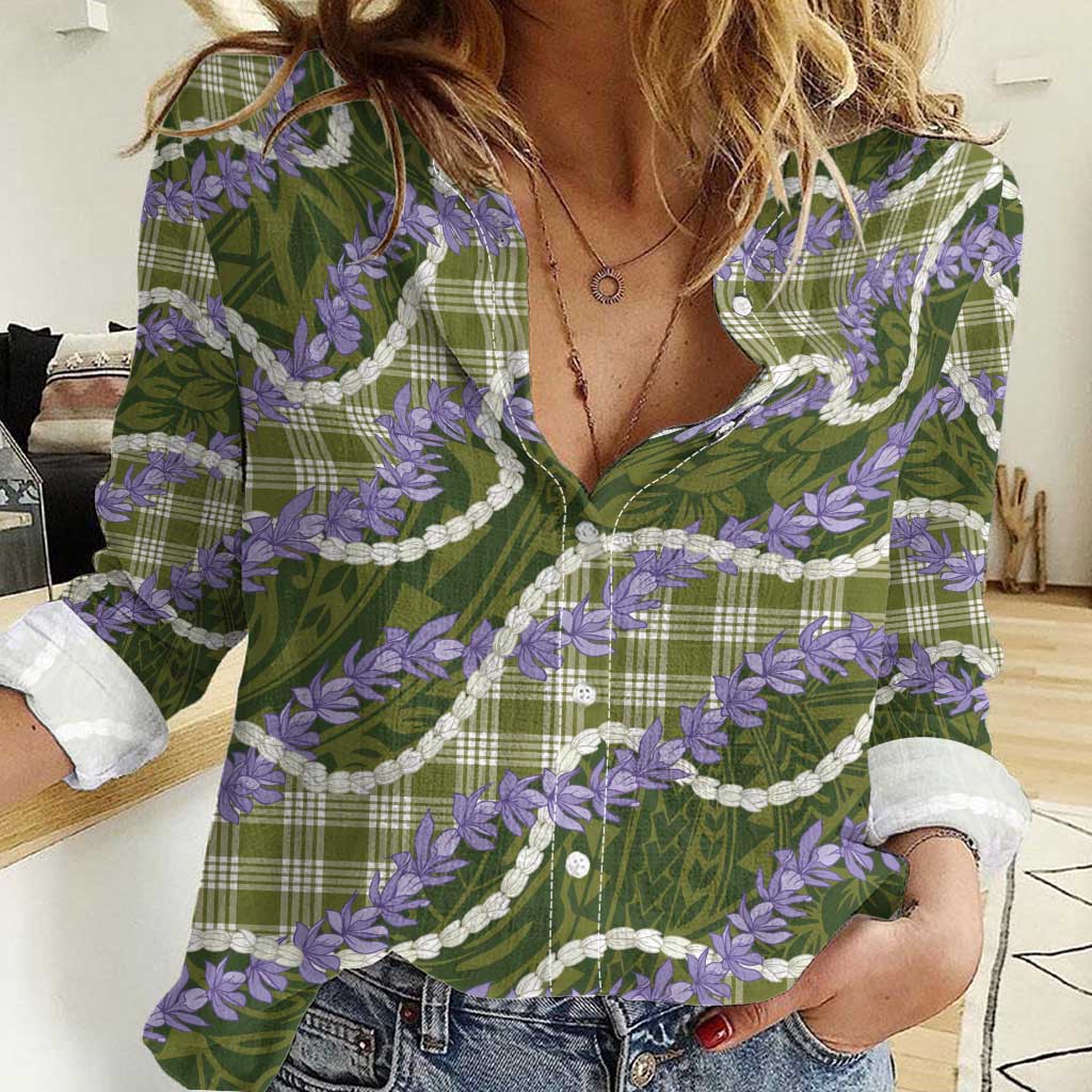 Green Hawaii Palaka Honohono Pikake Women Casual Shirt Hawaiian Orchid Lei Polynesian Pattern - Polynesian Pride